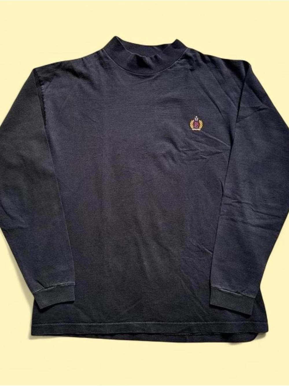 Vintage 1990s Bugle Boy Men's Long Sleeve Mock Neck Shirt in Black with Crest L